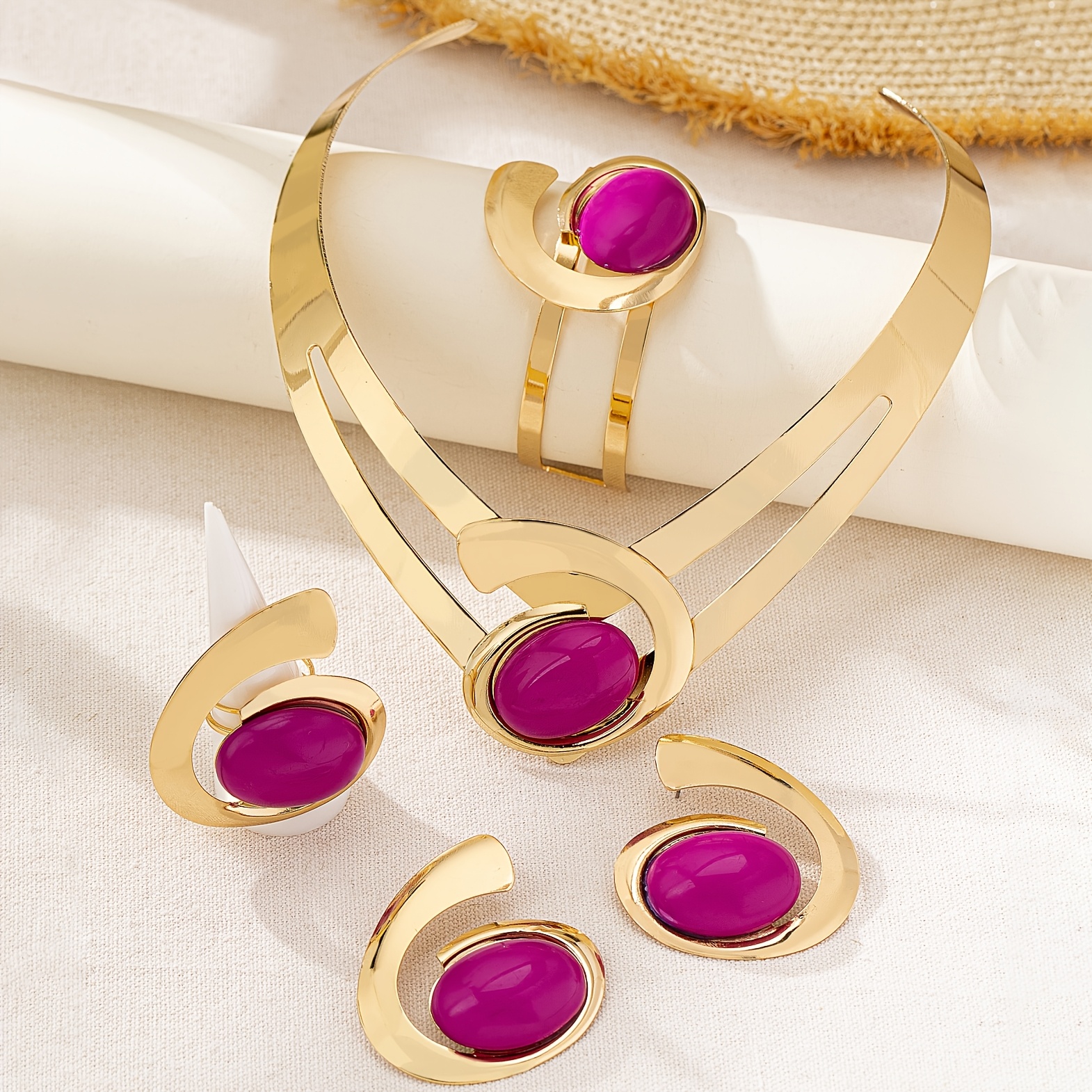 Gemstone Collar Necklace Stud Earrings Set
